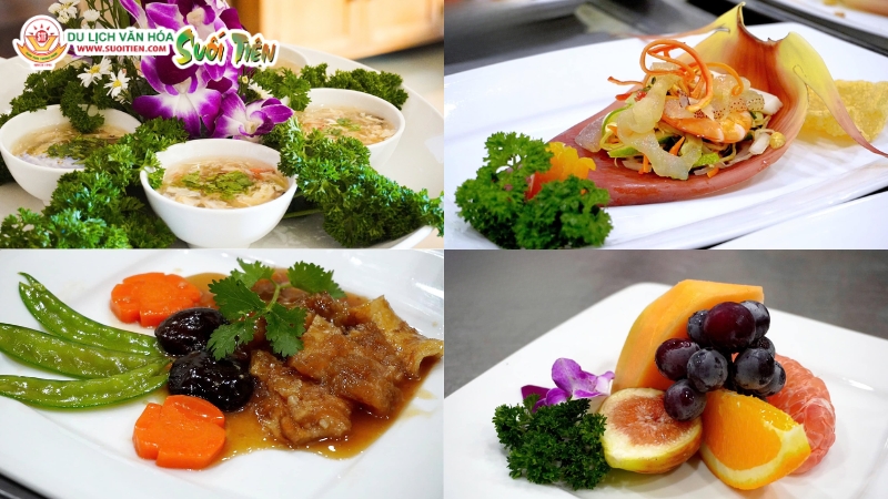 Thực đơn cưới tại Suối Tiên đa dạng gồm món Á Âu món Việt và thực đơn chay 
