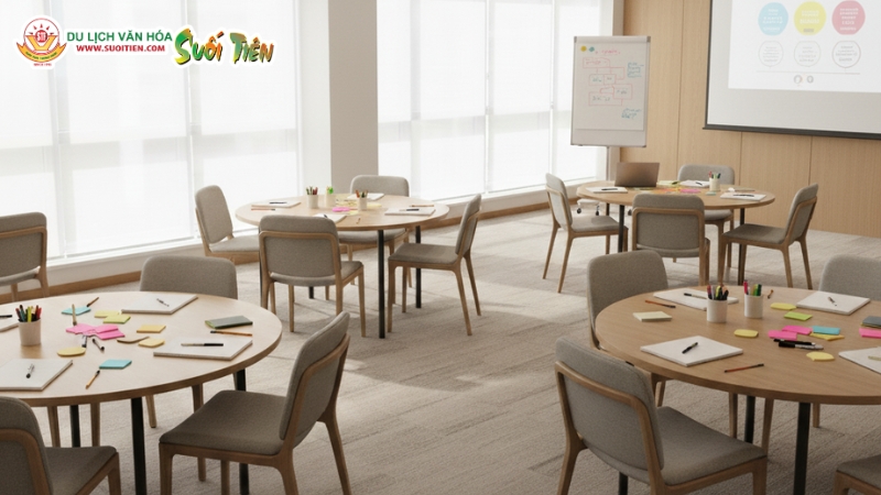 Kiểu sắp xếp phòng họp Workshop phù hợp cho các buổi thảo luận nhóm, đào tạo 
