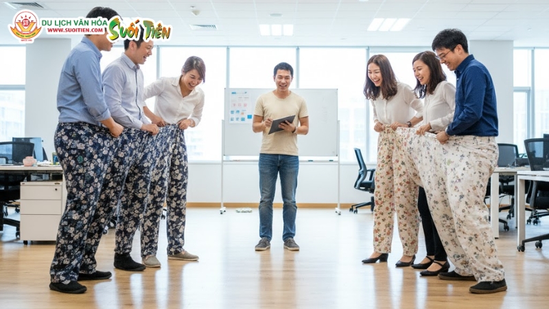 Thử th&aacute;ch mặc quần thuộc c&aacute;c tr&ograve; chơi team building trong nh&agrave; vui nhộn
